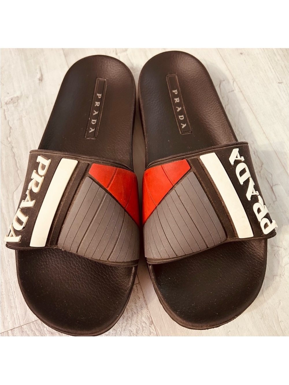 Prada Brown Slide Sandals with Red & White Accents